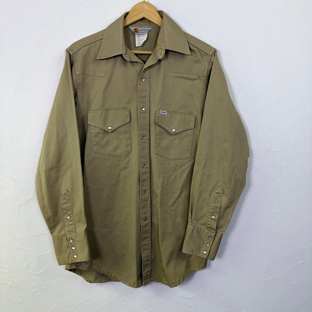Vintage Carhartt Western Pearl Snap Shirt Mens Medium Tan Canvas Twill Workwear